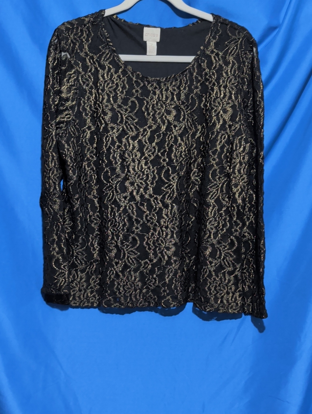 Chico's Size 2 or Size Large Black Top with Gold Lace Overlay